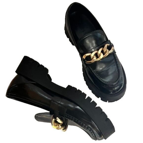 Guess Shoes Loafers Womens 8M Black Gold Tone Chain Lug Sole Chunky Platform - Picture 11 of 16